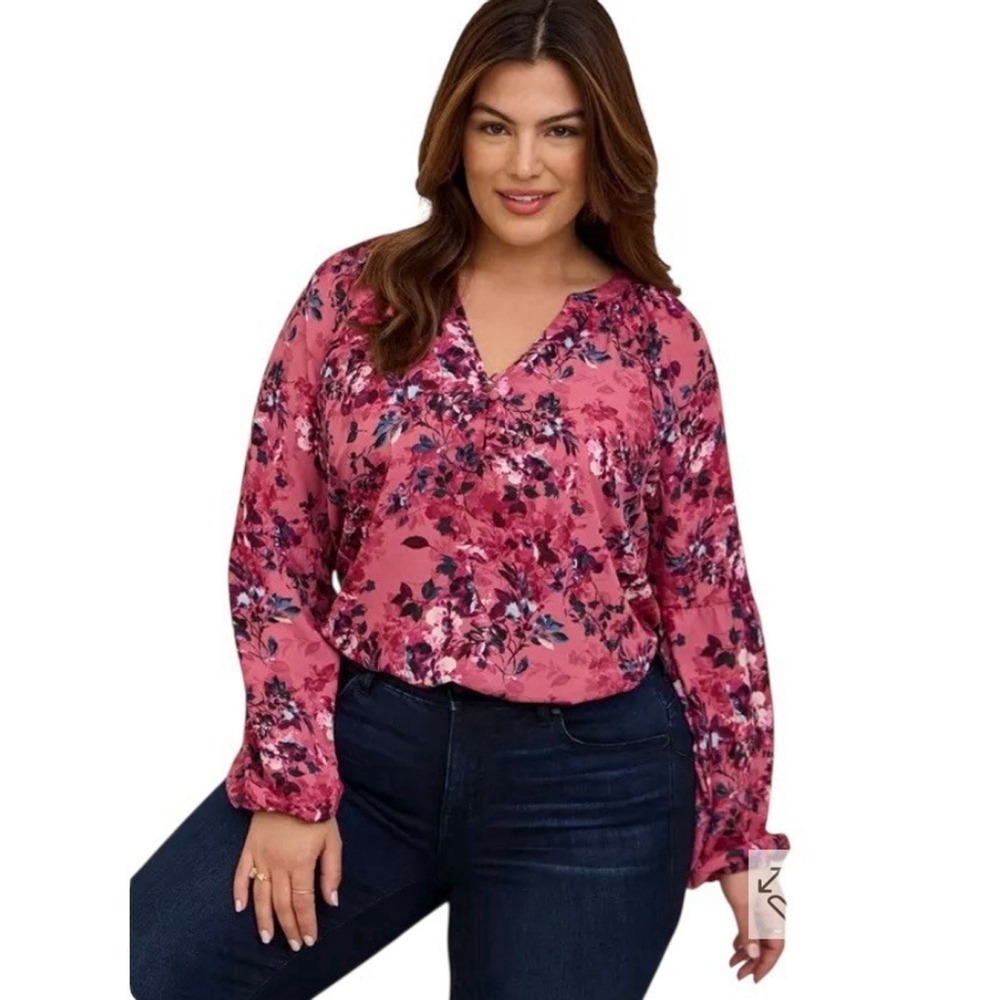 Torrid Georgette Blouse Women Sz 1X Pink Peasant Puff Sleeve Floral Office EUC‎